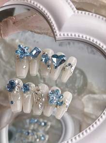 30 颗 K9 歪斜心形水钻美甲宝石，多种尺寸，闪亮心形和极光色美甲装饰，粉色、白色和极光色，美甲用品，美甲饰品 - 淺藍色 - 查看 7