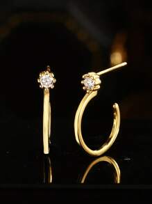 1 Pair S925 Sterling Silver Geometric Circle Rhinestone Earrings, Unique Design Chic Earrings, Daily Wear Gift For Her, Friends - Gold - View 1