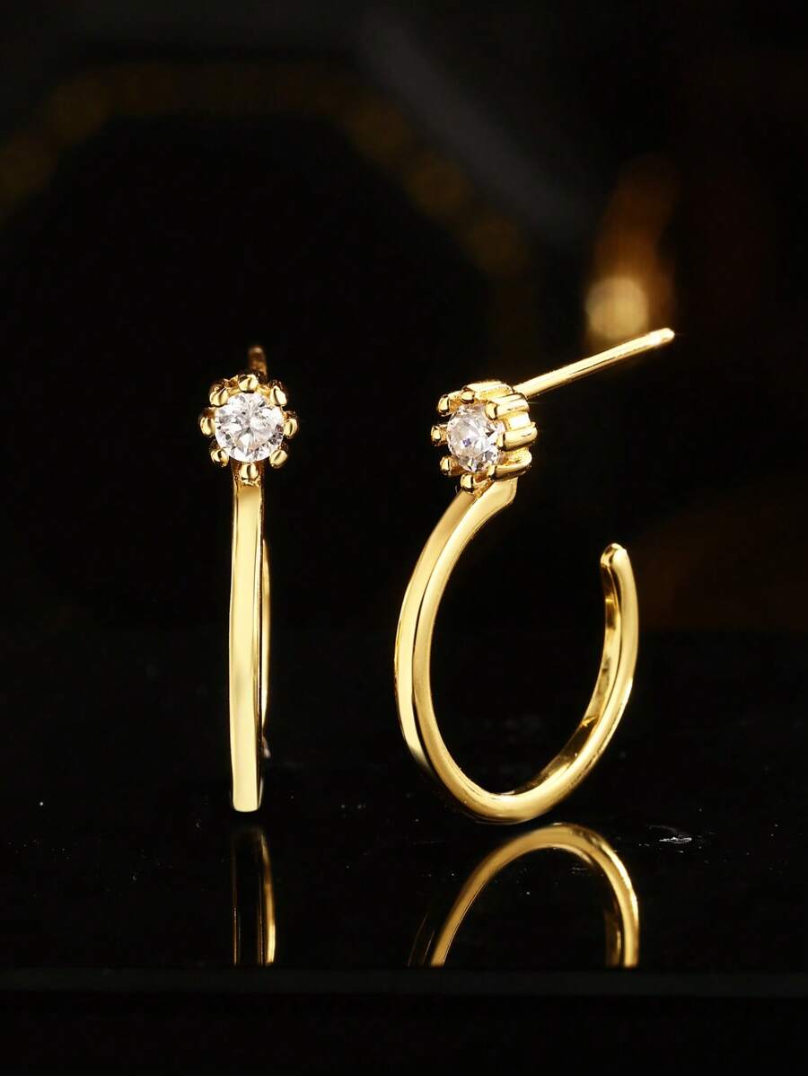 1 Pair S925 Sterling Silver Geometric Circle Rhinestone Earrings, Unique Design Chic Earrings, Daily Wear Gift For Her, Friends - Gold - View 1