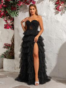 Strapless Polka Dot Mesh Princess Cake Dress Evening Gown, Party Dress, Wedding Guest Dress, Prom Dress