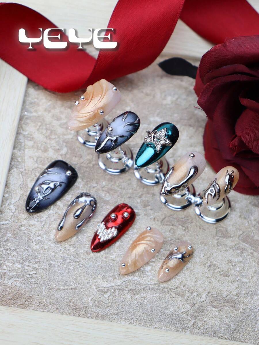 Upgrade Your Look Cost-Saving Maintaining Beautiful Nails All Times With 10pcs Almond Shape Hand-Made Gradient Mermaid Yellow Metal Blue-Green Punk European Style Full Coverage Fake Nails Set Elegant Shiny Metal Silver Rhinestone Decor Star Heart Silver Chrome Metal Red Y2K Novelty Full Cover Acrylic Korea Style Press-On Nails Set For Women And Girls Vanity With 1pc Mini Nail File & 1 Sheet Adhesive Tabs - Multicolor - View 1