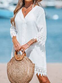 Women's Vacation Beach Solid Color Lace Patchwork Cover Up Shirt Casual White - White - View 3