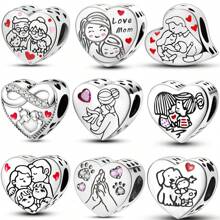 Mom & Daughter Design Heart Shaped Charm Bead, Fashionable Bead For Women & Girls, All-Match & Exquisite Jewelry For Birthday Gift - Silver - View 1