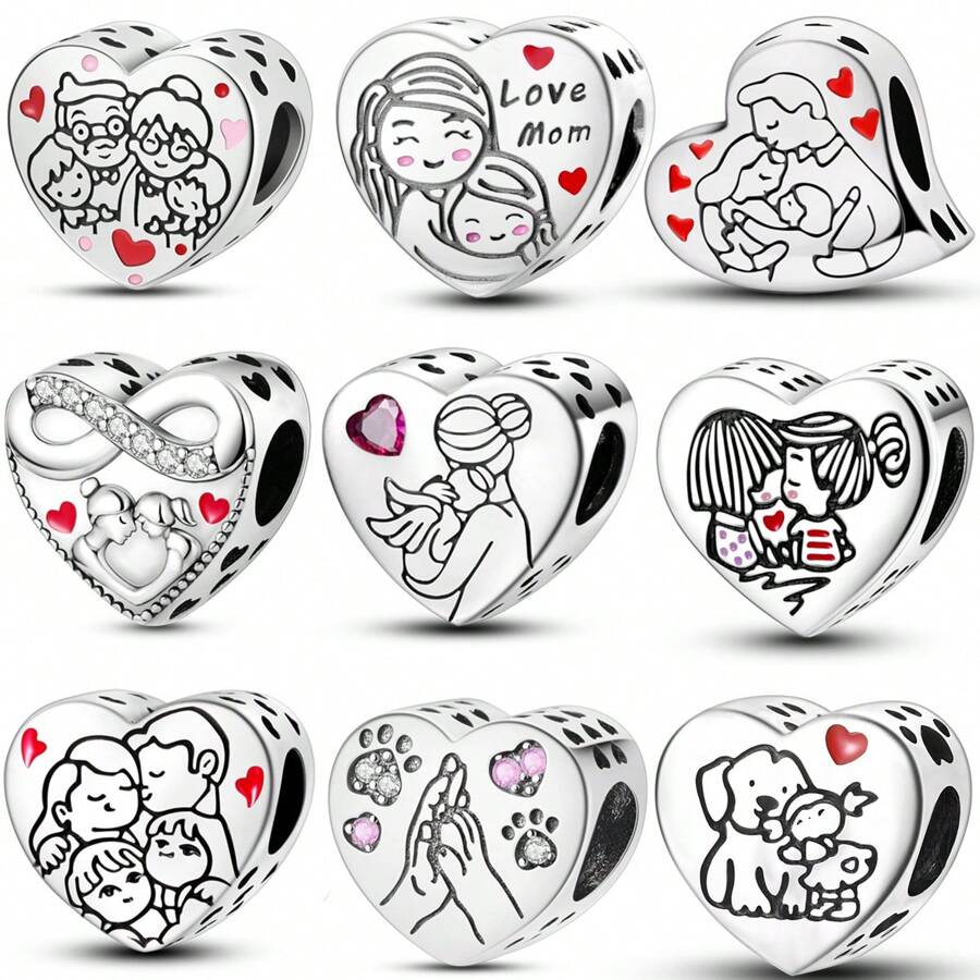 Mom & Daughter Design Heart Shaped Charm Bead, Fashionable Bead For Women & Girls, All-Match & Exquisite Jewelry For Birthday Gift - Silver - View 1