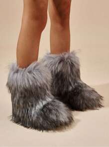Women's Furry Faux Fur Boots Fuzzy Fluffy Mid Calf Snow Boots Suede Warm Fur Lined Booties Flat Fashion Boots