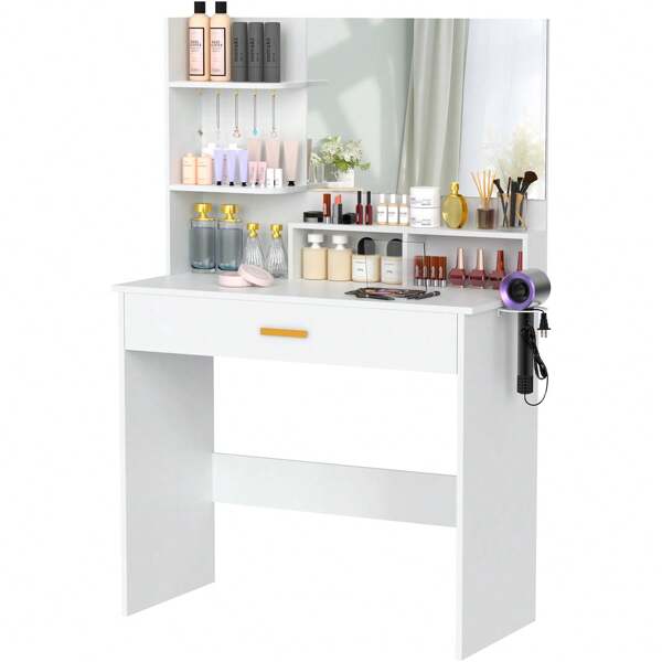 AMHANCIBLE Schminktisch mit Spiegel, Schminktisch mit LED-Leuchten, 3 Farben Helligkeit einstellbar Schminktisch, Schminktisch mit großer Schublade und offenen Regalen für das Schlafzimmer, Moderner Schminktisch für Mädchen und Frauen, weiß