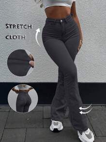GILIPUR New Y2K Bootcut Women Jeans Dark Gray High Slim Fit Waist Stretch Casual Elegant Vintage Simple Streetwear 2000s Style Fall And Winter Clothes Outfits Old Money Vintage Clothes Going Out Perfect For New Year Winter And Thanksgiving - 深灰色 - 查看 2