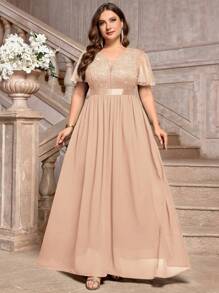 Plus Deep V-Neck Sequin Lace Ruffle Mesh Sleeve Contrast Chiffon Formal Party Long Dress