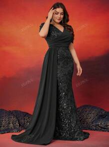 Vestido formal de fiesta de manga corta con cuello en V ajustado y lentejuelas para mujer de talla grande, vestido elegante de la madre de la novia, vestido de invitada de boda, vestido de noche