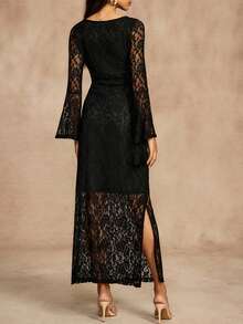 Women's Elegant Lace Solid Color Fitted Long Sleeve Dress - Black - View 3