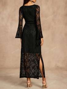 Vestito elegante da donna a maniche lunghe, a fantasia di pizzo, a tinta unita, aderente