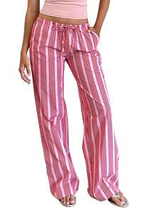 Women Wide Leg Pants Casual Stripe Print Elastic Drawstring Loose Trousers For Work Office Streetwear - 紅色 - 查看 1