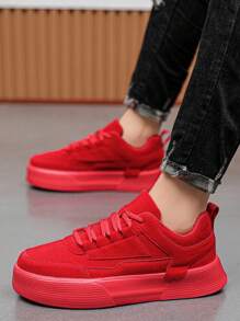 男士街头休闲低帮 PU 皮革拼接复古运动鞋，适合日常穿着的舒适轻便运动鞋，青少年纯色系带滑板鞋，防滑平底情侣运动鞋 - 紅色 - 查看 6