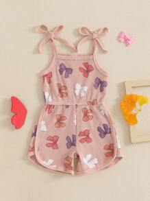 Mono de verano sin mangas estilo casual para bebé y niña pequeña con lazo, estampado y tirantes con nudo, ropa linda para recién nacidos
