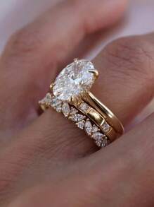 3pcs/Set Luxury Elegant S925 Sterling Silver Oval Cubic Zirconia Ring Set, Suitable For Women Wedding Engagement Party Daily Wear Anniversary Holiday Gift