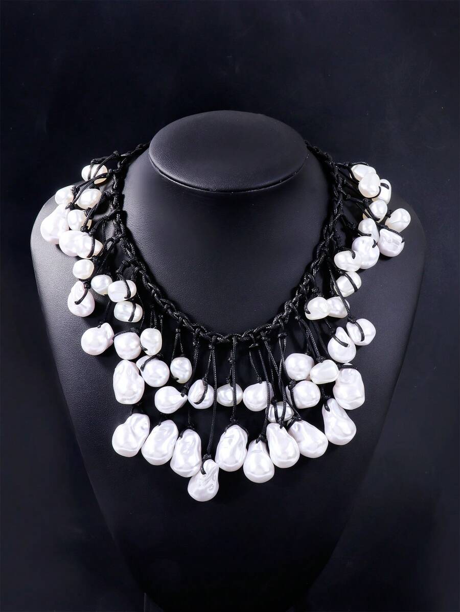 juran 1 件手工珍珠串珠绳项链，短款女士珠宝配饰 - 白色 - 查看 1