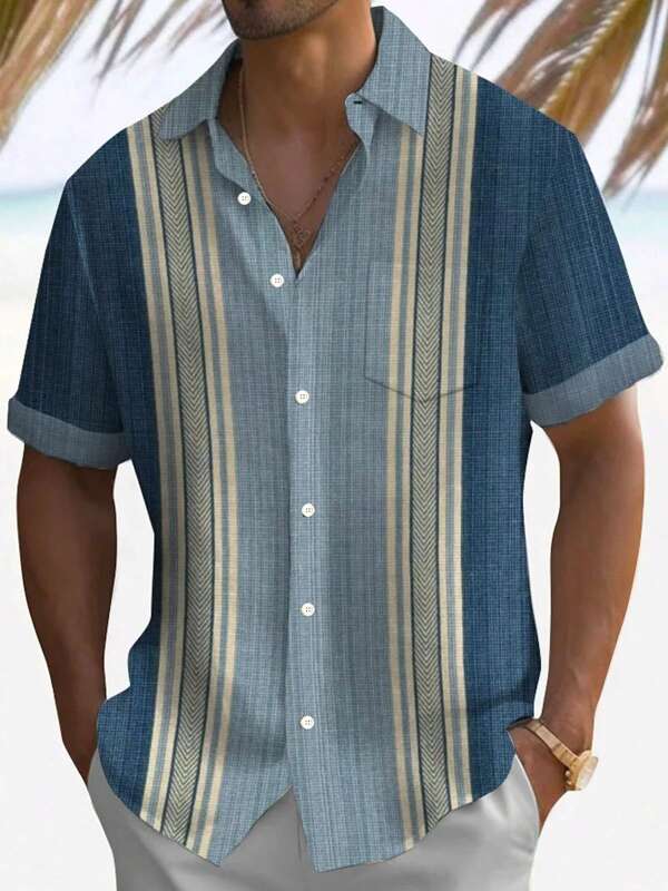 Retro Geometric Color Block Textured 3D Print Men Buttoned Pocket Short Sleeve Shirt