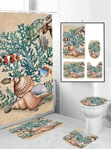1 套印有美人鱼、海马和海洋元素的防水浴帘，配有 12 个挂钩，可洗涤纶面料浴垫和马桶垫，适用于浴室装饰和家居装饰母亲节鲜花，送给妈妈的个性化礼物，最后一分钟的礼物，母亲节创意，母亲节礼物，送给妈妈的手工卡片，50 美元以下的最佳母亲节礼物