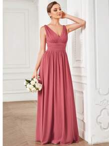 EVERPRETTY Fall Winter Chiffon V Neck Sleeveless Ruched Maxi Formal Bridesmaid Dress Wedding Guest Dress For Wedding Graduation