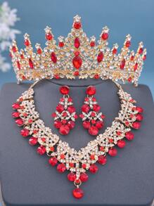 一套经典绿色水晶新娘皇冠、项链和耳环首饰套装，优雅金色新娘配饰，适合搭配婚纱和情人节饰品