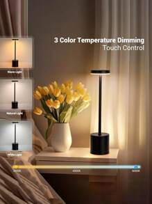 1 pieza Lámpara de escritorio LED regulable con control táctil moderno de metal, luz de ambiente inalámbrica y portátil, iluminación decorativa de sobremesa, mesilla de noche, bar, 3 modos de color, decoración del hogar para sala de estar y dormitorio