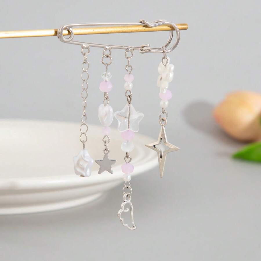 1 Pc Women Lovely Playful Elegant Heart Bow Star Tassel Brooch Pendant, Delicate Accessories For Daily Party And Gift, Warm And Gentle - White K - View 1