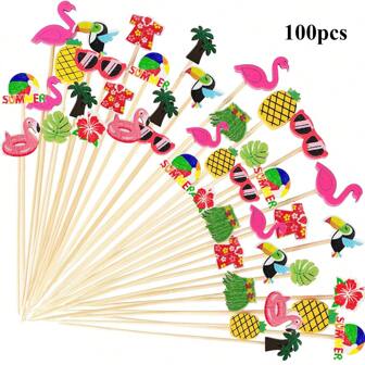 100pcs Tropical Picks 4.7" Hawaiian Theme Hibiscus Flamingo Decorative Toothpicks Fruit Dessert Sticks Food Appetizer Skewer For Drinks Beach Luau Decoration Summer Themed Party Supplies