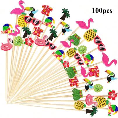 100 piezas de pinchos para cócteles con temática tropical de 4.7 pulgadas, con diseño de hibisco y flamenco, ideal para pinchar frutas, postres y aperitivos, adecuado para bebidas, fiestas hawaianas, fiestas en la playa y fiestas de verano