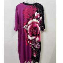Plus Size Women V-Neck Mid-Length Floral Casual Loose Popular Midi Dress, European & American Style