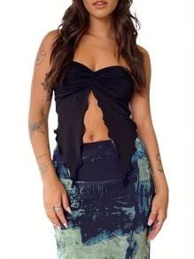 Women Fashion Tube Tops Solid Color Front Slit Boat Neck Strapless Tank Tops Summer Backless Irregular Bandeau Shirts - Black - View 2