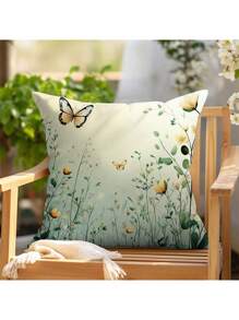 Set de 4 fundas de cojín y funda de almohada de felpa corta de poliéster con estampado floral verde fresco