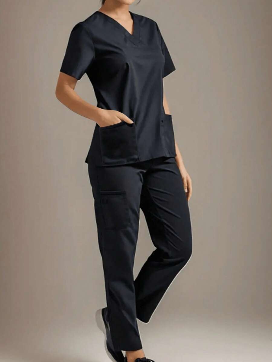 Women V-Neck Short Sleeve Pocket Shirt And Pants Scrub Uniforms Set - Black - View 1