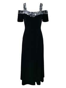 Women's Polka Dot Print Open Shoulder Short Sleeve Elegant Formal Party Dress, Wedding Guest Dress, For Cocktail - Black - View 3