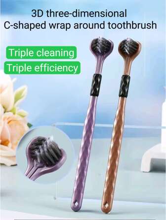 2 piezas Cepillo de dientes de 3 lados, 2 paquetes de cepillos de dientes premium para adultos 3D, Eliminador de placa innovador de triple cabezal, Cerdas suaves y extra largas cómodas, Protección de encías, Para adultos y niños, Uso diario y de viaje, Excelente regalo para la familia y amigos, Decoración del baño del hogar Verano Vuelta al cole