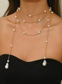 1pc Bohemian Elegant Baroque Faux Pearl Pendant Gold Chain Long Necklace