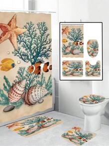 1 套印有美人鱼、海马和海洋元素的防水浴帘，配有 12 个挂钩，可洗涤纶面料浴垫和马桶垫，适用于浴室装饰和家居装饰母亲节鲜花，送给妈妈的个性化礼物，最后一分钟的礼物，母亲节创意，母亲节礼物，送给妈妈的手工卡片，50 美元以下的最佳母亲节礼物