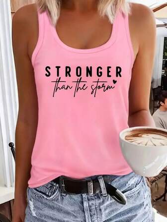 Stronger Than The Storm" Inspirational Women's Pink Tank Top - Sleeveless, Round Neck, Lightweight Polyester Casual Wear For Summer And Spring, Machine Washable