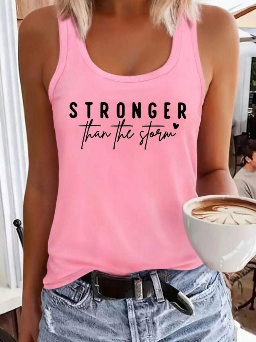 女款粉色針織背心,印有「Stronger Than The Storm」圖案,圓領,標準版型,休閒夏季款 - 粉色 - 查看 1