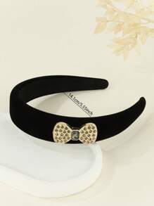 1 件纯色皇家优雅涤纶天鹅绒宽带发带，带水钻蝴蝶结，天鹅绒防滑头带适合所有季节日常佩戴