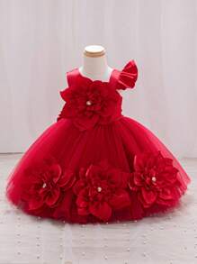 Young Girls Princess Party Puff Dress - Red - View 1