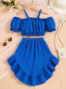 2pcs/Set Young Girls Vacation Ruffle Puff Sleeve Top + Ruffled High-Waist Skirt, Sweet Snug Fit And Playful, Suitable For Vacation, Travel And Beach Party, Fits 4-7 Years Old Girls, Spring/Summer