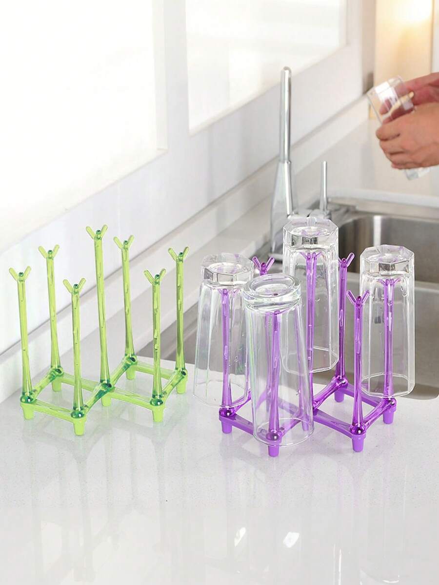 1 Pc Home 7-Cup Draining Rack, Purple/Green Plastic Cup Holder, Glass & Kitchen Countertop Water Cup Storage Rack, Creative Expandable Cup Holder For Living Room & Dining Table - Multicolor - View 1