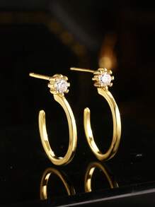 1 Pair S925 Sterling Silver Geometric Circle Rhinestone Earrings, Unique Design Chic Earrings, Daily Wear Gift For Her, Friends - Gold - View 2