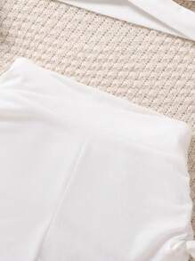 青少年女孩休闲纯色镂空背心和短裤套装，夏季 - 白色 - 查看 5