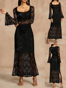 Vestito elegante da donna a maniche lunghe, a fantasia di pizzo, a tinta unita, aderente