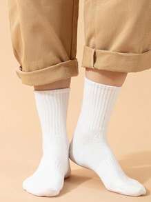 5 Pairs Men's Crew Socks, Suitable For Daily Wear, Fall - White - View 2