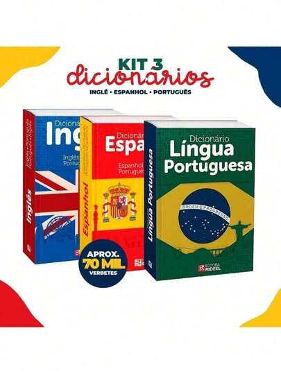 Mini Dicionário Kit 3 Dicionários Português Espanhol Inglês de Bolso Escolar