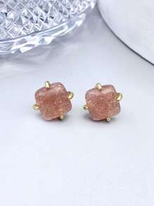 1 对优雅珠宝天然粉红草莓石英水晶石 18K 镀金爪形耳钉 适合女性日常聚会婚礼礼物 - 粉色 - 查看 6