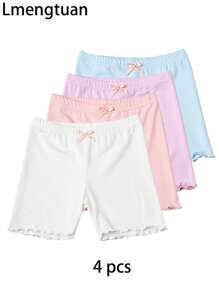 4 piezas Pantaloncillos finos para niñas con ribete de encaje floral, pantalones cortos de seguridad anti-exposición