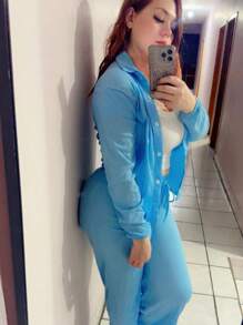 Camisa y pantalones con botones delanteros de color sólido - azul cielo - Ver 3